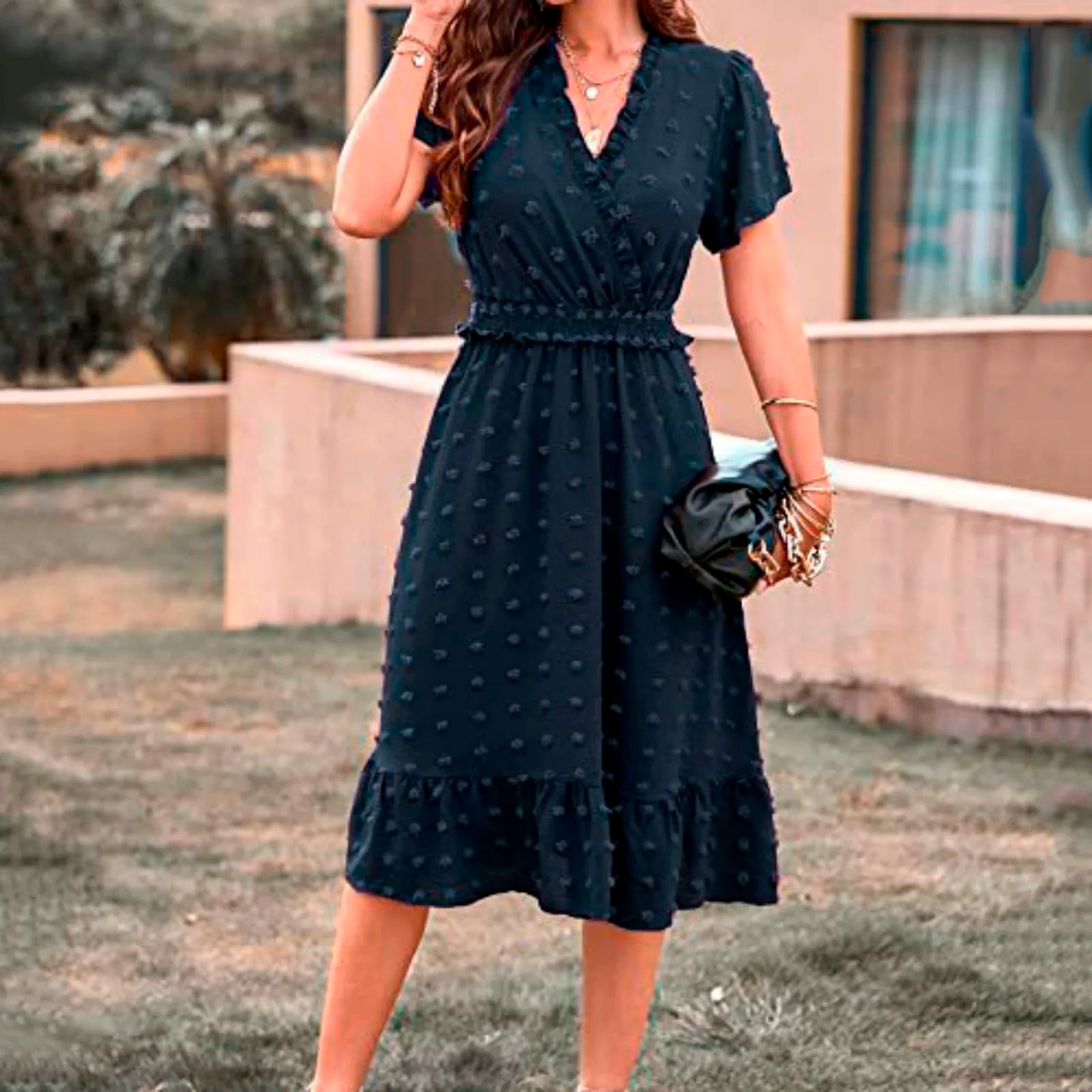 Dot Short Sleeve V Neck Summer WomenMidi Boho Dress