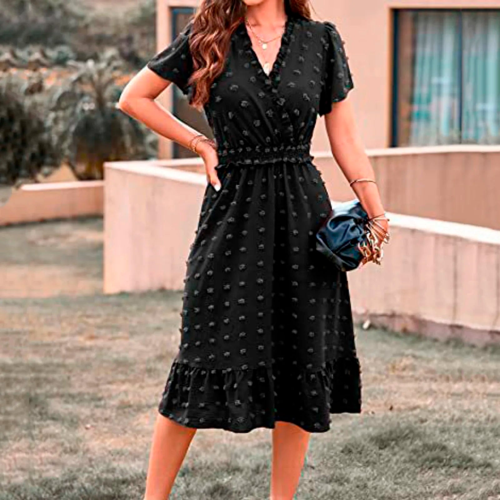 Dot Short Sleeve V Neck Summer WomenMidi Boho Dress