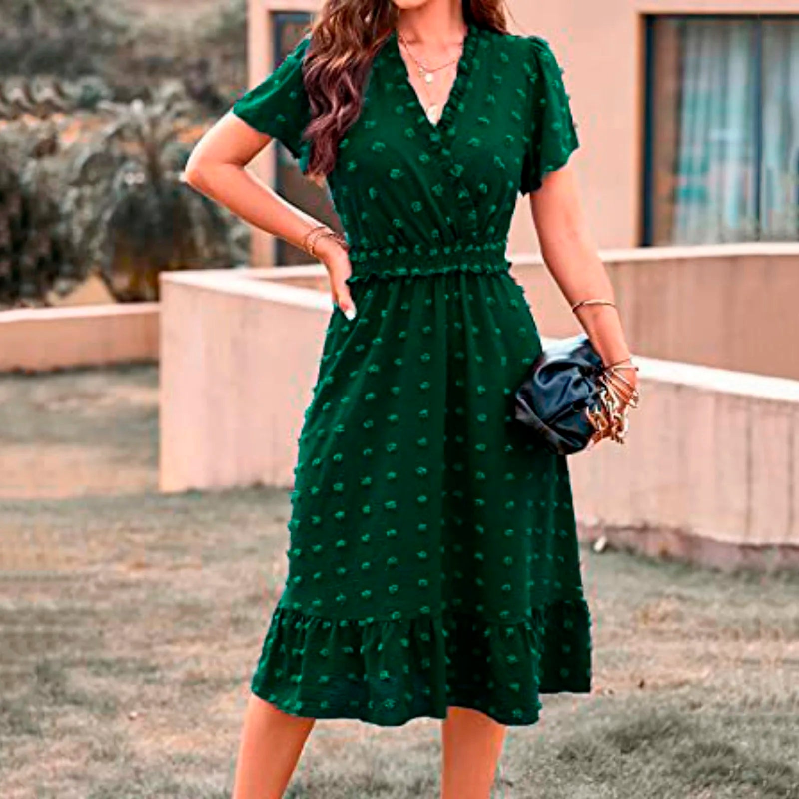 Dot Short Sleeve V Neck Summer WomenMidi Boho Dress