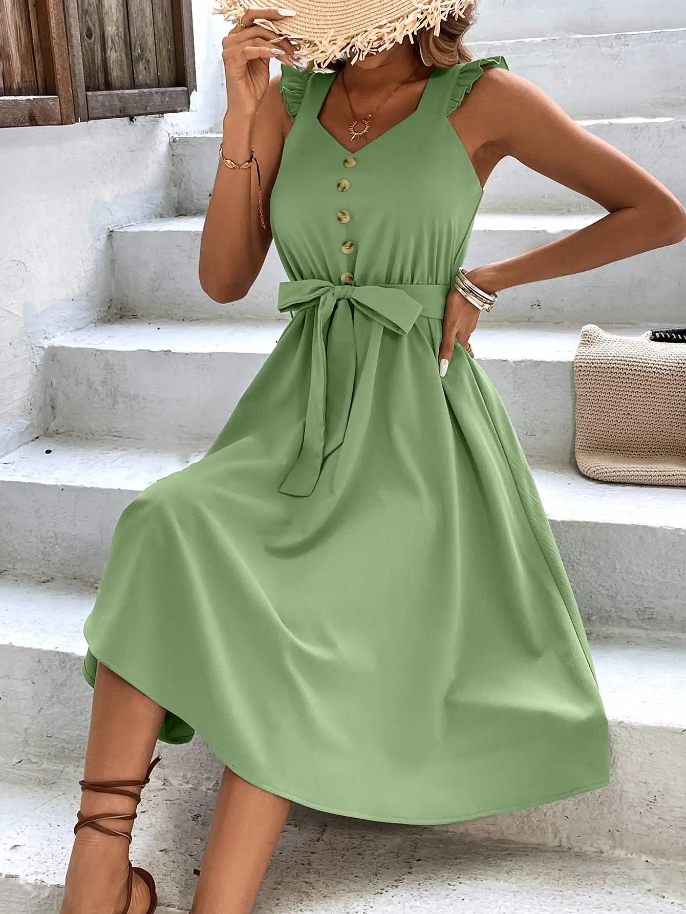 Summer On Sale Clearance Sleeveless V-Neck Button Solid Sun Casual Sweet Holiday Party Beach Midi Dress