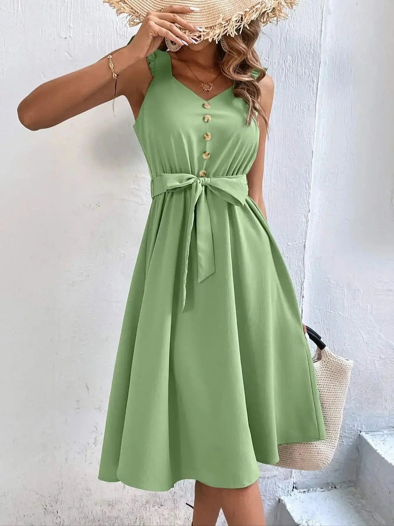 Summer On Sale Clearance Sleeveless V-Neck Button Solid Sun Casual Sweet Holiday Party Beach Midi Dress