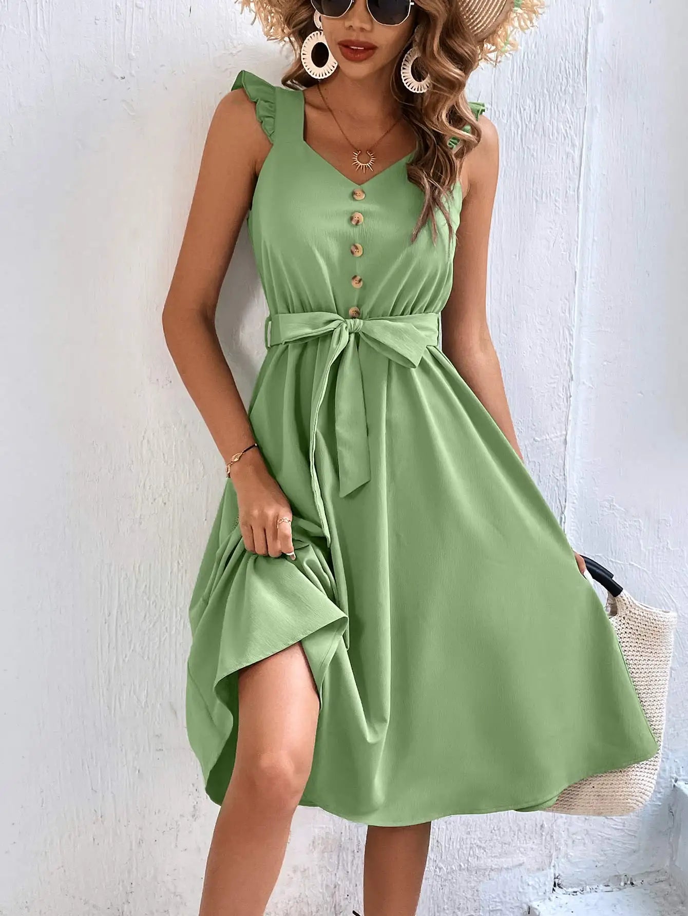 Summer On Sale Clearance Sleeveless V-Neck Button Solid Sun Casual Sweet Holiday Party Beach Midi Dress