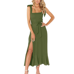 Solid Color Square Collar Bandage High Split Ruffles Hem Formal Commute Dress