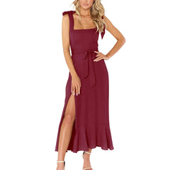 Solid Color Square Collar Bandage High Split Ruffles Hem Formal Commute Dress