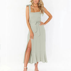 Solid Color Square Collar Bandage High Split Ruffles Hem Formal Commute Dress