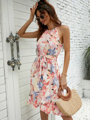 Summer Floral Print Woman Ruffle Slit Bandage Beach Fashion Irregular Sleeveless For Midi Dress