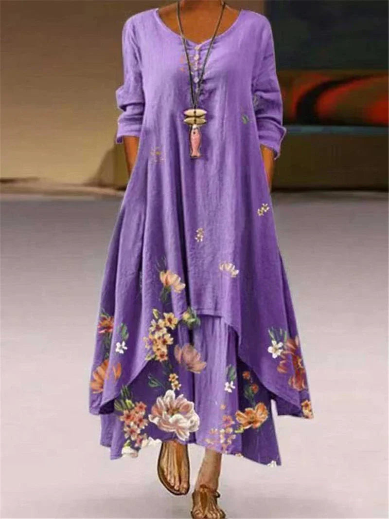Summer Floral Print Long Sleeve Maxi Boho Dress