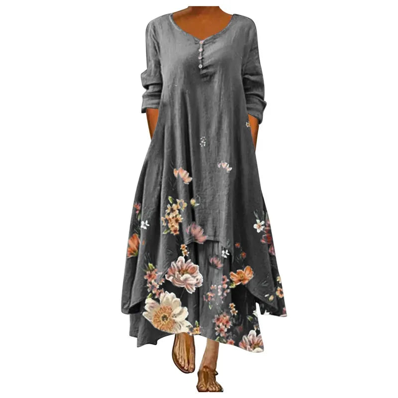 Summer Floral Print Long Sleeve Maxi Boho Dress