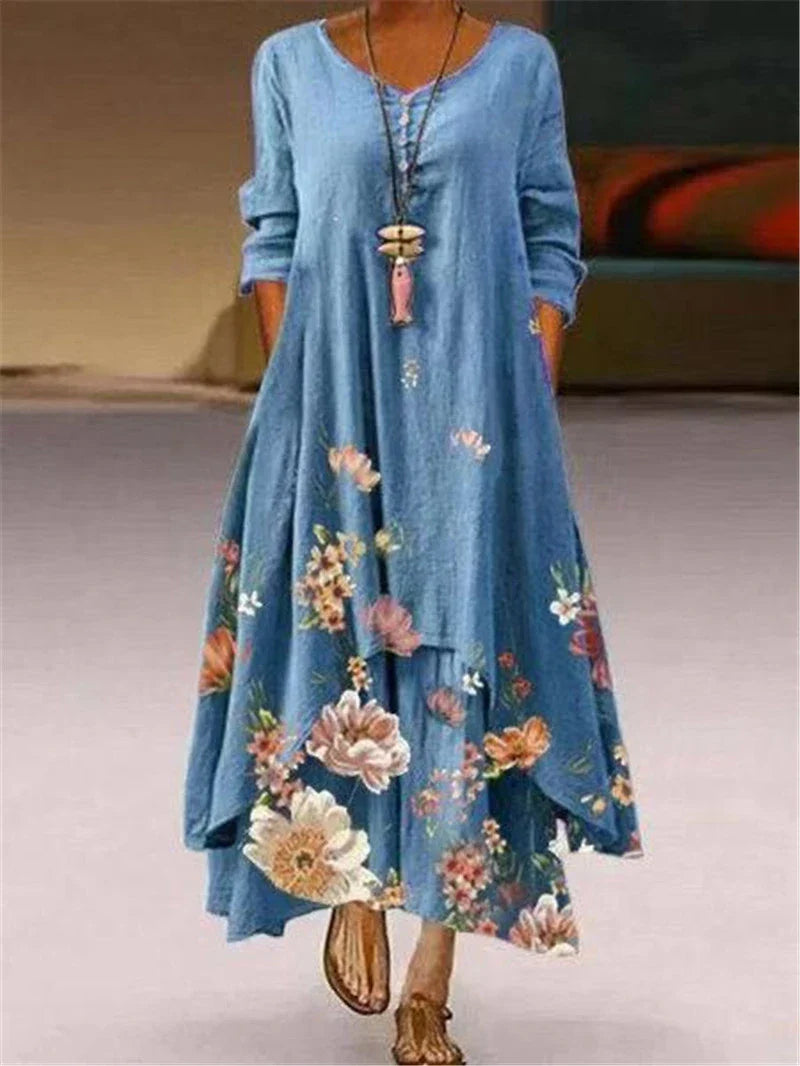 Summer Floral Print Long Sleeve Maxi Boho Dress