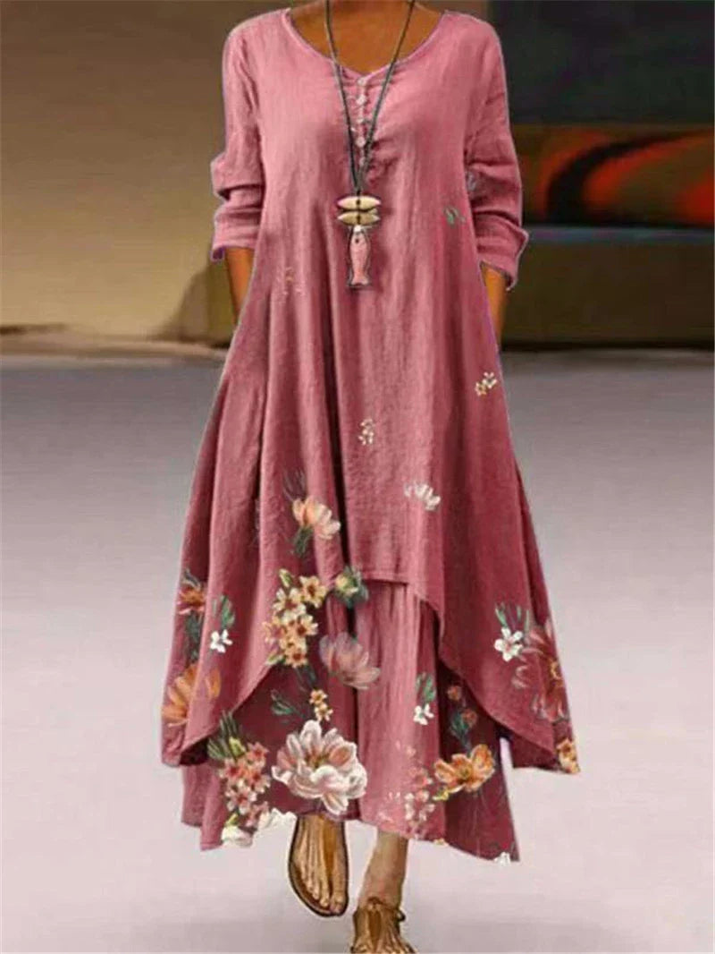 Summer Floral Print Long Sleeve Maxi Boho Dress