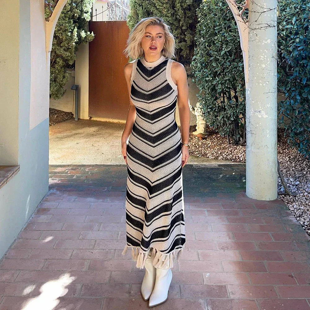 Summer Knitted Tassel Striped Bohemian Stylish Maxi Dress