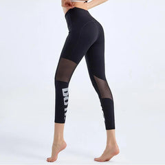 Summer Tight Female Mesh Stitching Pilates Letter Printing Elastic Thin Sports Leggings