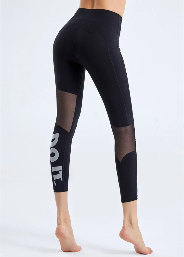 Summer Tight Female Mesh Stitching Pilates Letter Printing Elastic Thin Sports Leggings