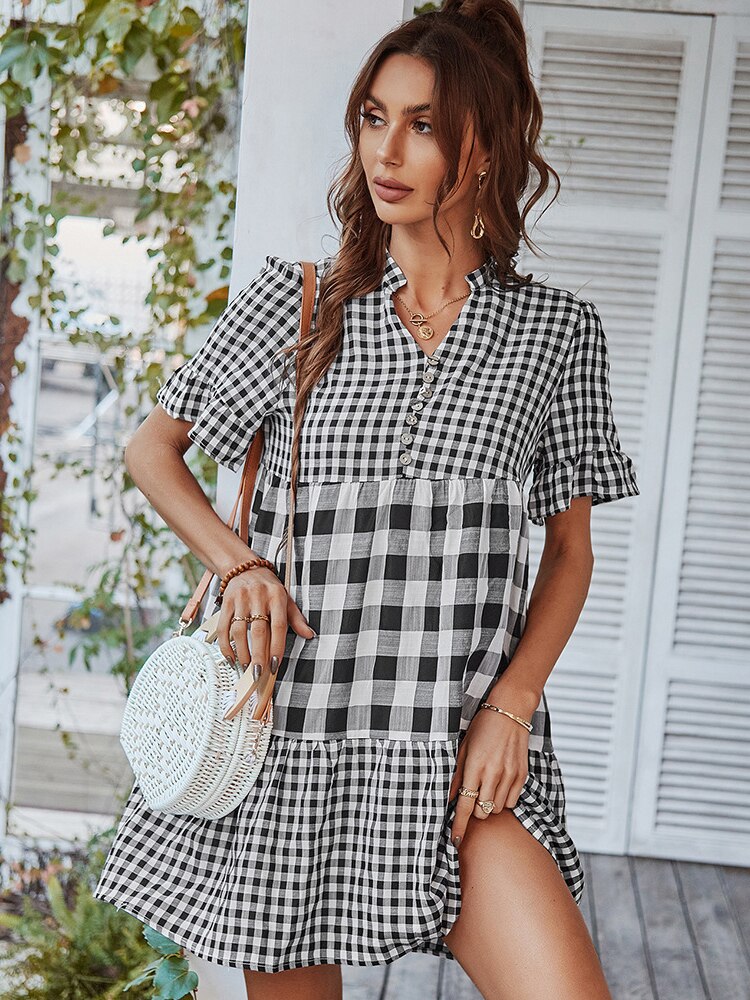 Plaid Short Sleeve Loose Ruffle Stitching Beach Dress
