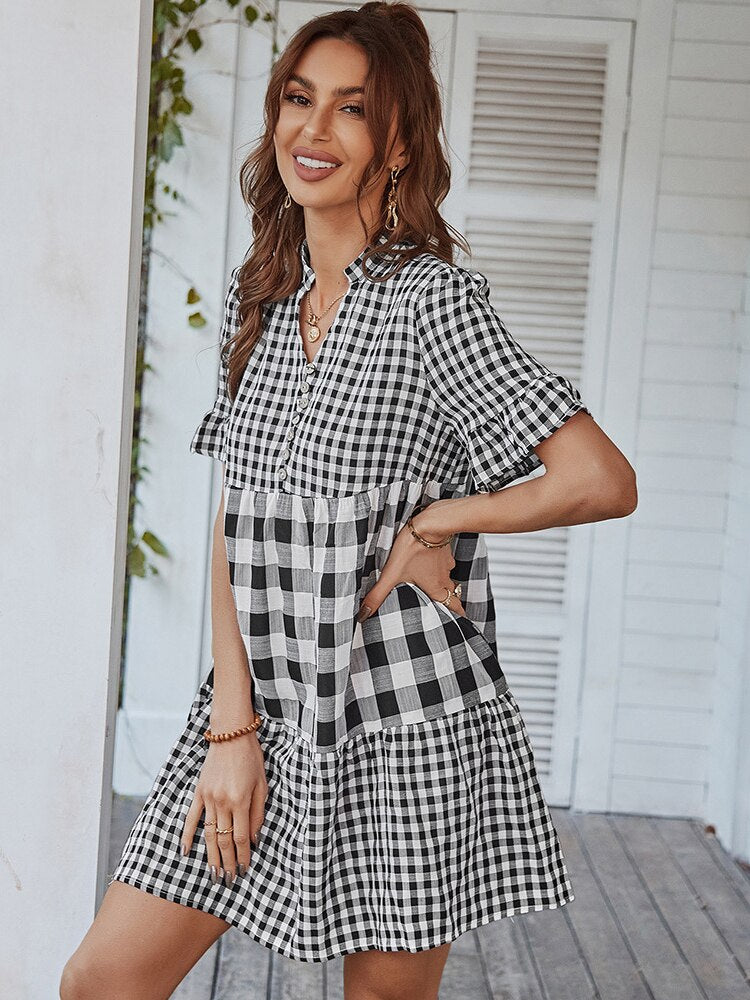 Plaid Short Sleeve Loose Ruffle Stitching Beach Dress