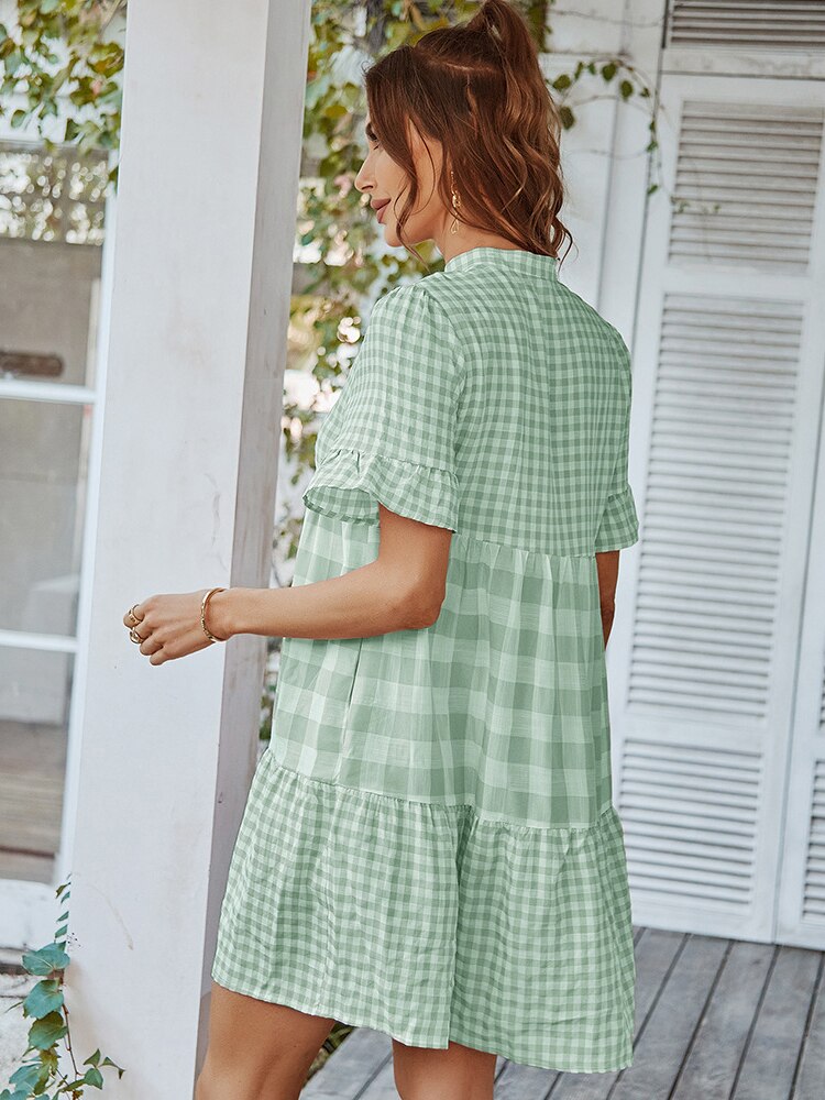 Plaid Short Sleeve Loose Ruffle Stitching Beach Dress