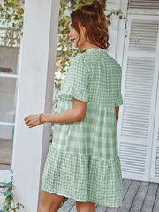 Plaid Short Sleeve Loose Ruffle Stitching Beach Dress