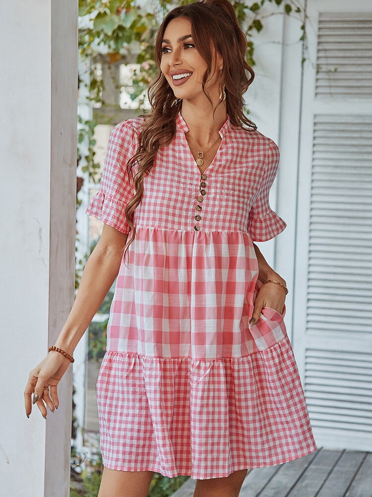 Plaid Short Sleeve Loose Ruffle Stitching Beach Dress