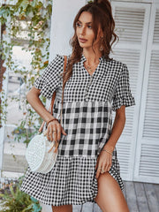 Plaid Short Sleeve Loose Ruffle Stitching Beach Dress