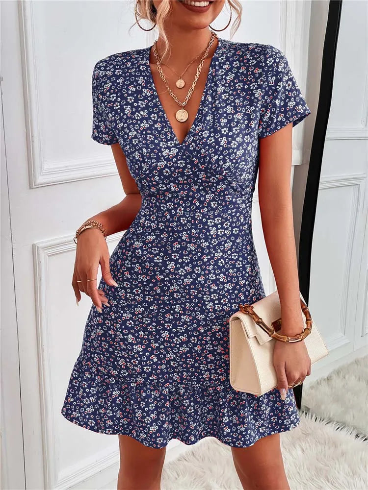 Summer Short V-Neck Floral Ladies Mini Boho Dress