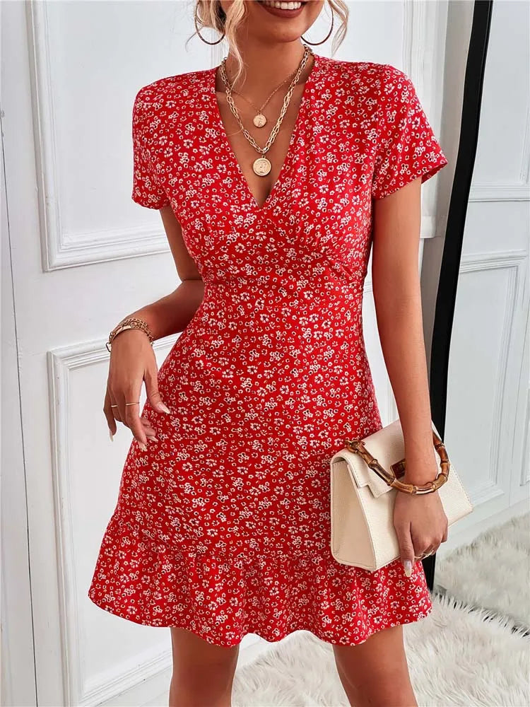 Summer Short V-Neck Floral Ladies Mini Boho Dress