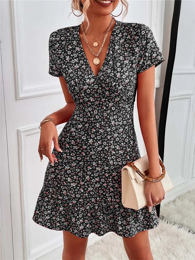 Summer Short V-Neck Floral Ladies Mini Boho Dress