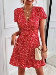 Summer Short V-Neck Floral Ladies Mini Boho Dress