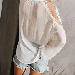 Summer Color Chiffon Plus Size Loose V-neck Lace Hollow Out Embroidery Korean Fashion WomenClothing Blouse