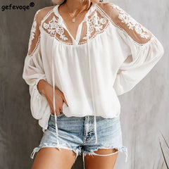 Summer Color Chiffon Plus Size Loose V-neck Lace Hollow Out Embroidery Korean Fashion WomenClothing Blouse
