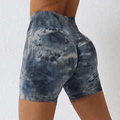 Summer Marbling Tie Buttock Lift Gym Fitness Tights High Waist Booty Sports Short