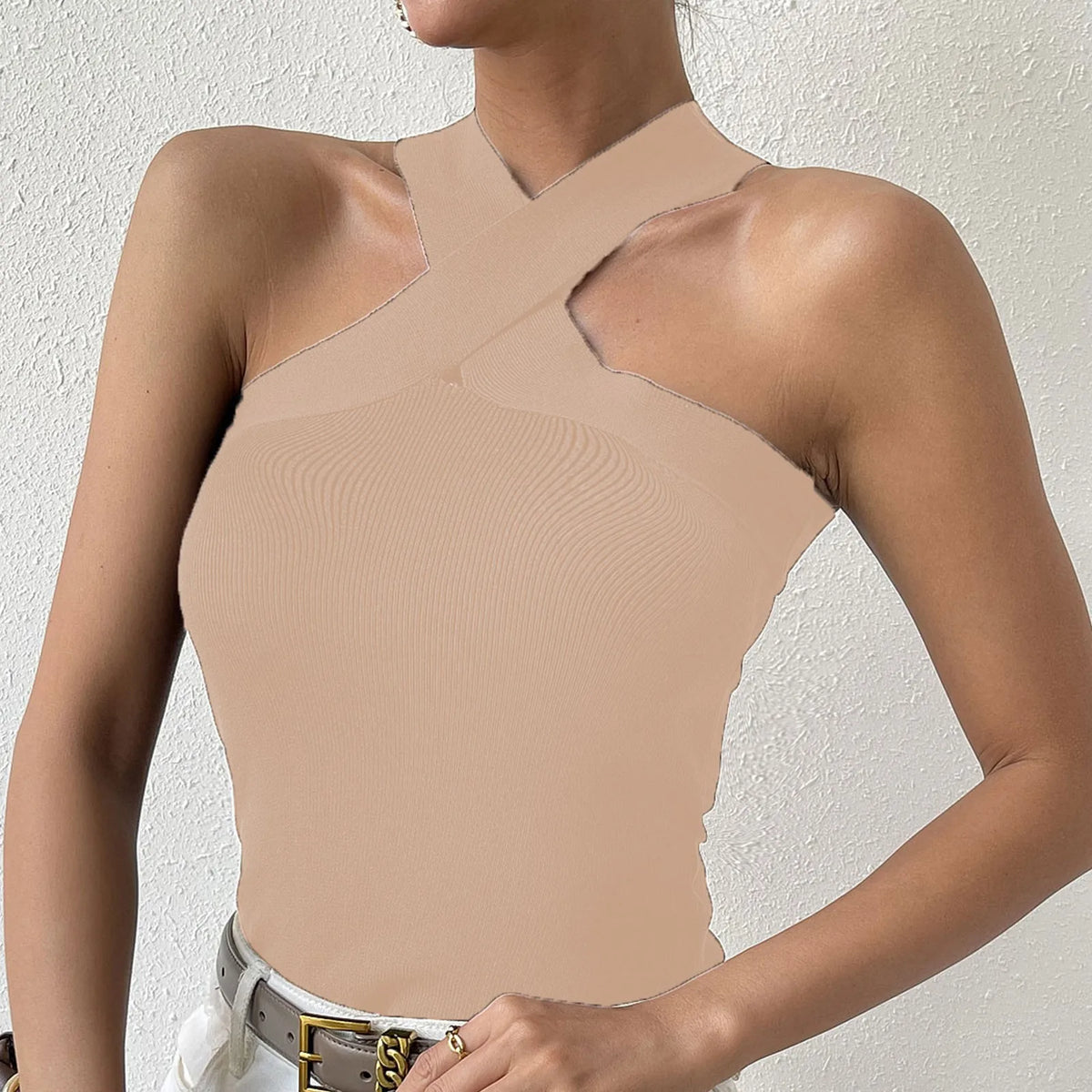 Summer Knitted Suspender Cross Halter Dew Shoulder Streetwear Cami Top