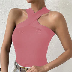 Summer Knitted Suspender Cross Halter Dew Shoulder Streetwear Cami Top