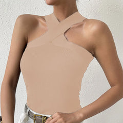 Summer Knitted Suspender Cross Halter Dew Shoulder Streetwear Cami Top
