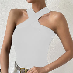 Summer Knitted Suspender Cross Halter Dew Shoulder Streetwear Cami Top