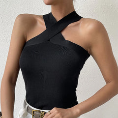 Summer Knitted Suspender Cross Halter Dew Shoulder Streetwear Cami Top