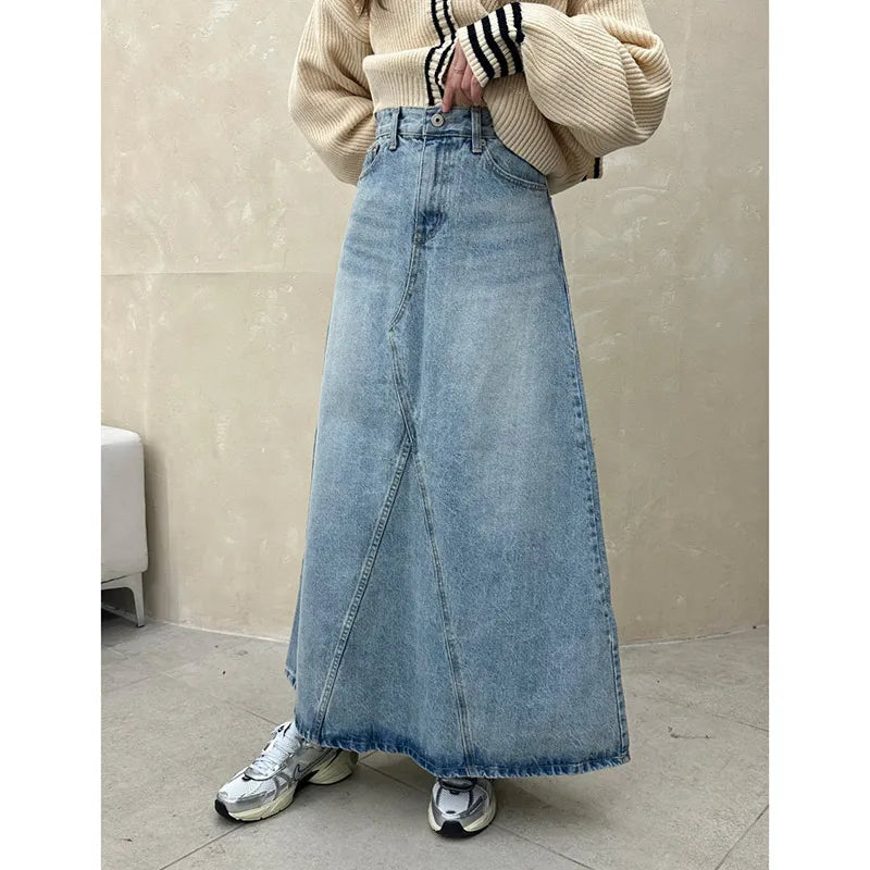 Vintage Denim High Waist Casual A-line Skirt Pants