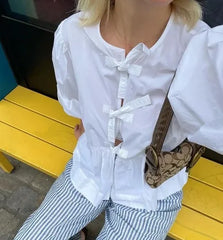 Summer Vintage Red New Korean Retro Bubble Sleeve Female WomenFashion Shirt Blouse