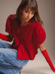 Summer Vintage Red New Korean Retro Bubble Sleeve Female WomenFashion Shirt Blouse