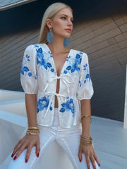 Summer Vintage Spring Korean Fashion Casual Linen Placket Lace-up Female Shirt Blouse