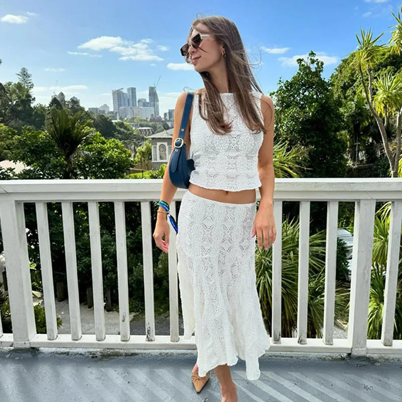 Summer Holes Sleeveless Midi Slim Skirt