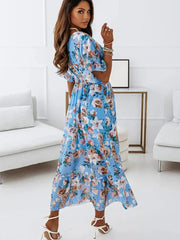 Summer Chiffon Floral Deep V Neck Big Hem Beach Party White Casual Fashion Ruffle Long Midi Dress