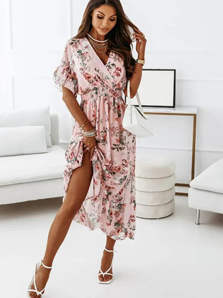 Summer Chiffon Floral Deep V Neck Big Hem Beach Party White Casual Fashion Ruffle Long Midi Dress
