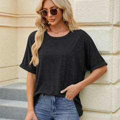 Summer WomenOversized Pullover O-Neck Short Sleeve Solid Color Blouse