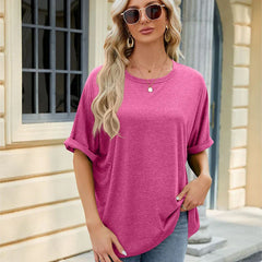 Summer WomenOversized Pullover O-Neck Short Sleeve Solid Color Blouse
