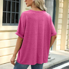 Summer WomenOversized Pullover O-Neck Short Sleeve Solid Color Blouse