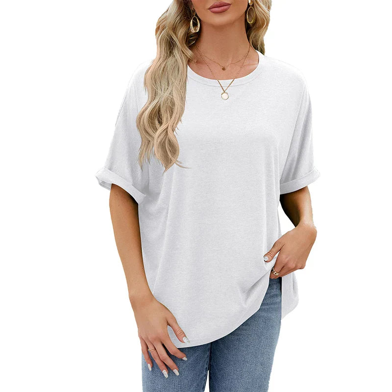 Summer WomenOversized Pullover O-Neck Short Sleeve Solid Color Blouse
