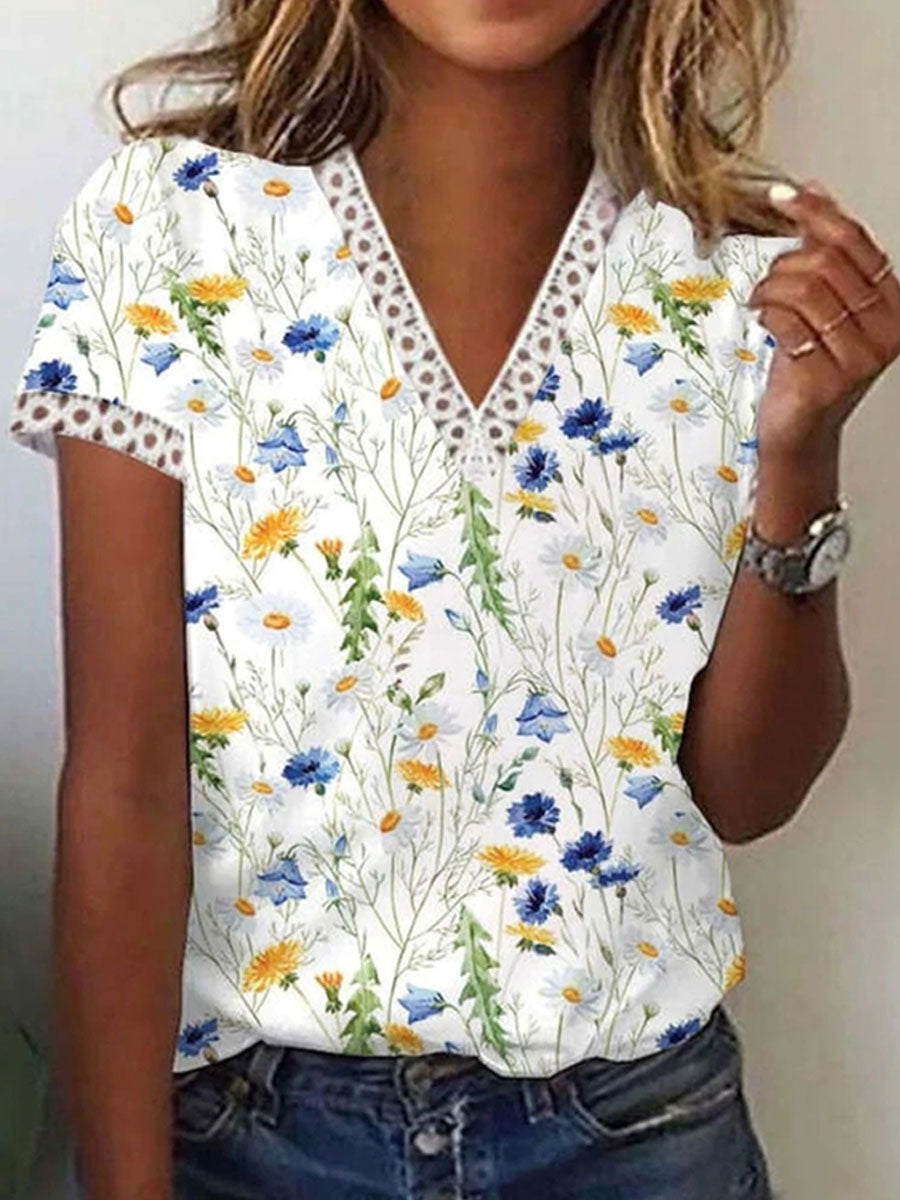 Flower Print Casual Loose Short Sleeves T-Shirts