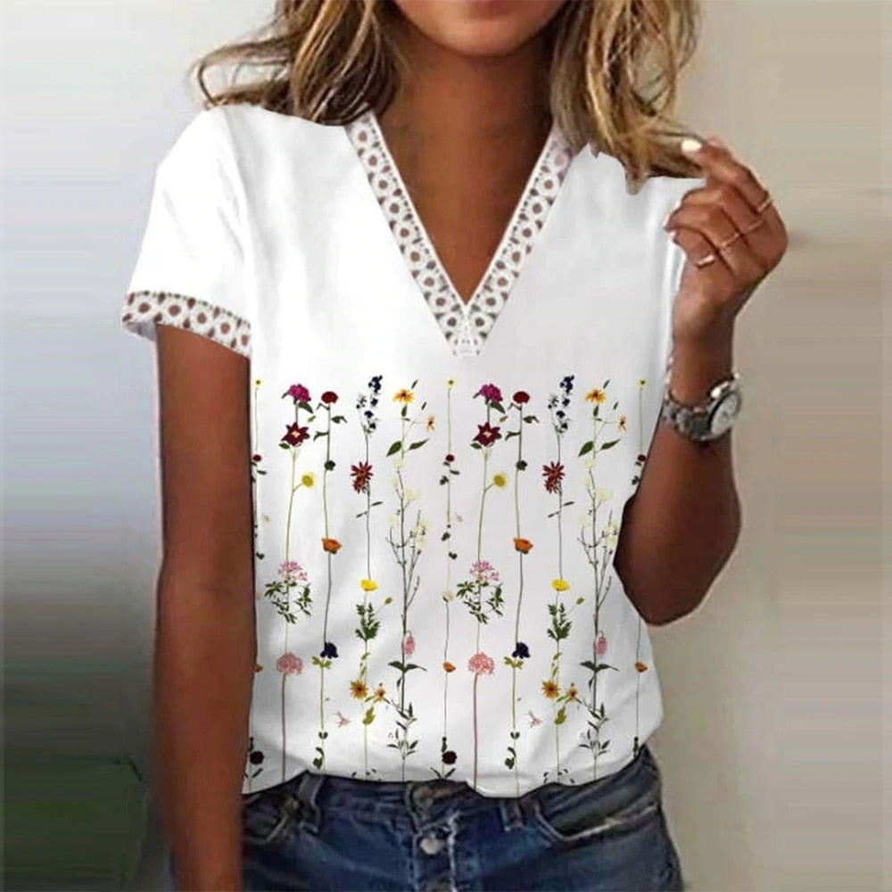 Flower Print Casual Loose Short Sleeves T-Shirts
