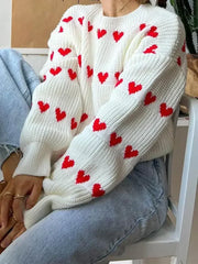 Sweet Heart Printed O Neck For Thick Warm Lantern Long Sleeved Sweater