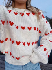 Sweet Heart Printed O Neck For Thick Warm Lantern Long Sleeved Sweater